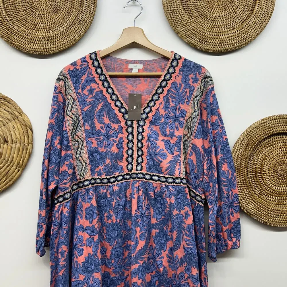 NEW J Jill Floral Embroidered Tunic Top Large Pink Blue Flower 3/4 Length Sleeve - Picture 4 of 7